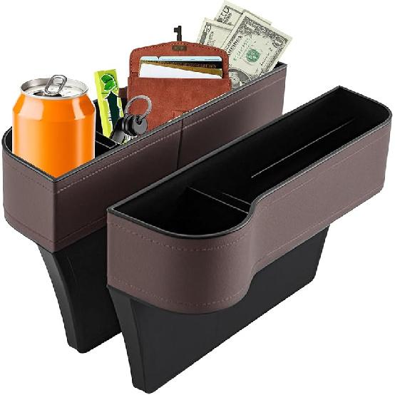 Premium Leather 2 PC Car Seat Gap Filler Organizer, Multifunctional Car Seat Organizer With Cup Holder For Drink,Car Leather Cup Holder Gap Bag Front