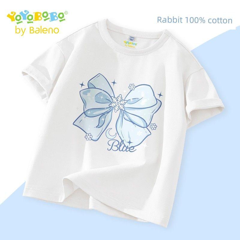 Baleno Kids Ybb Series Girls  Short-Sleeve T-Shirt Children s 2025 New Pure Cotton Top for Older Kids Sportswear White/Yb Blue Bow 110