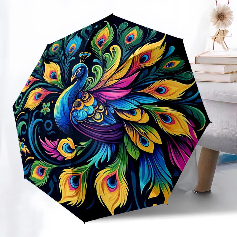 

1pc Colorful Peacock Feather Auto-Open Close Umbrella - Portable Folding Design with 8-Bone Iron Frame, Outdoor, Gift for Fans, Travelers, Daily Use.J