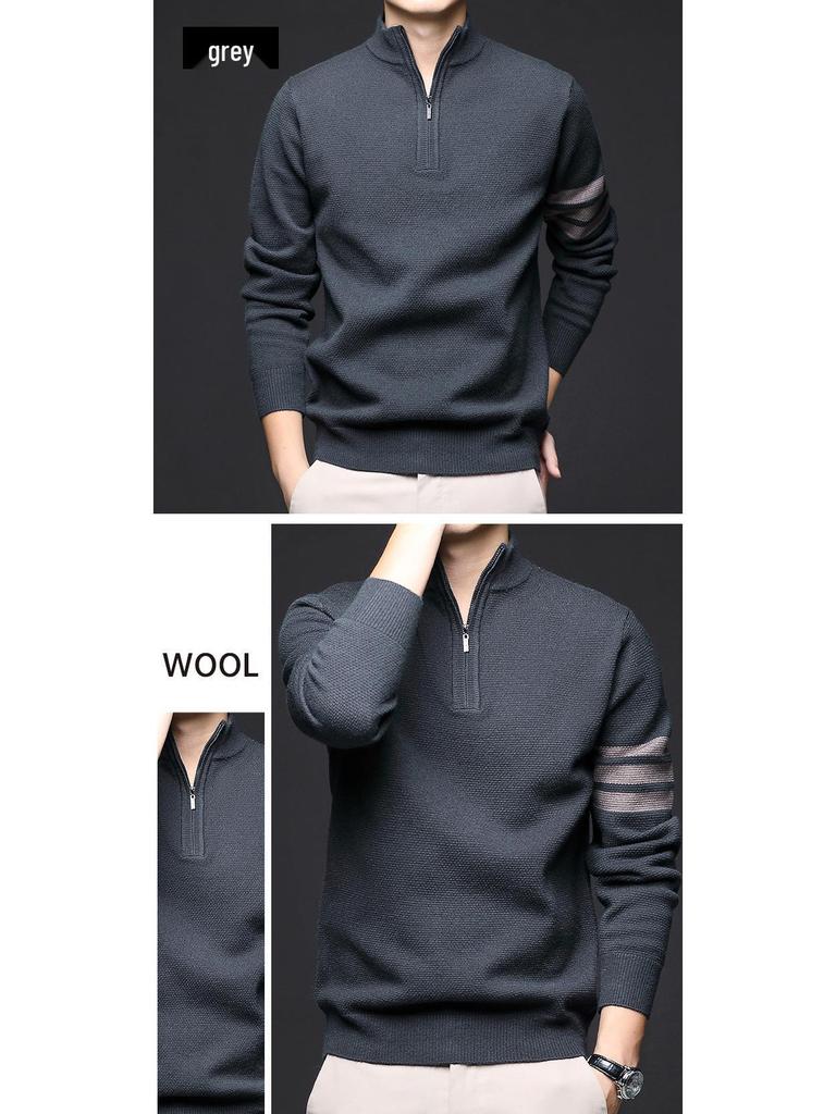 Manzibo Men's Half-Zip Jacquard Knit Stand Collar Sweater - Breathable Casual Autumn/Winter Pullover