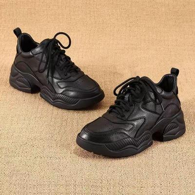 Women's New 2025 Autumn/Winter Black Genuine Leather Thick-Soled Dad Shoes: Versatile, Stylish, and Casual.