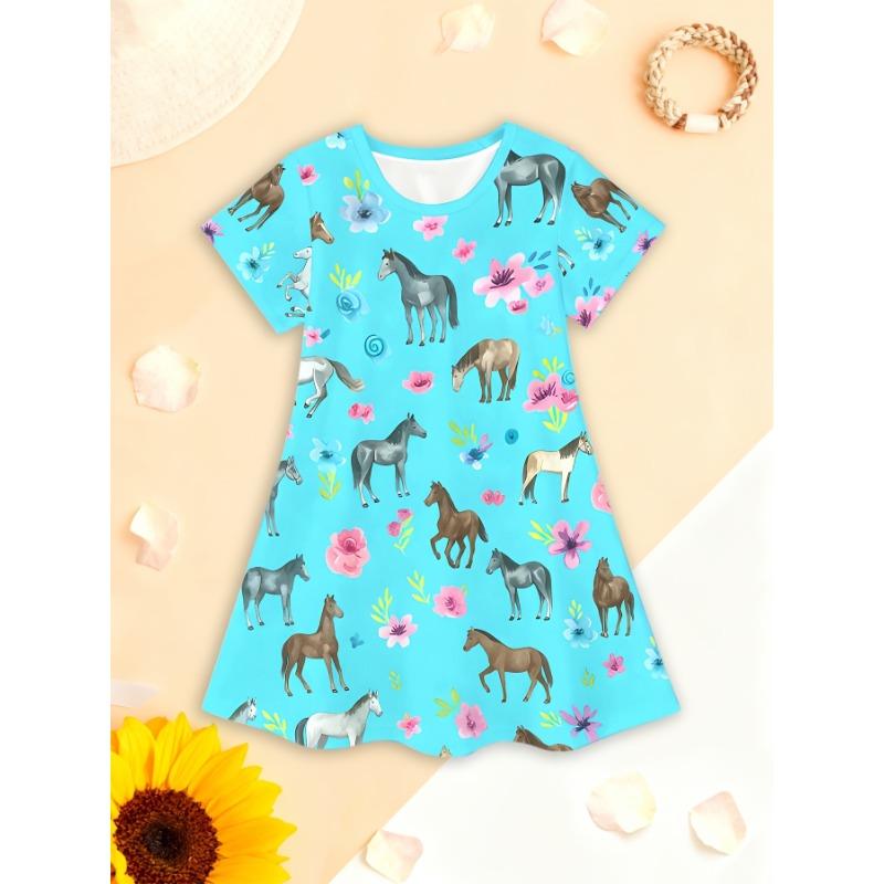 

Girls 3D Printed Short-Sleeve Dress with Round Neck & -Line - Vibrant Hem Party Dress Suitable for Birthdays 110