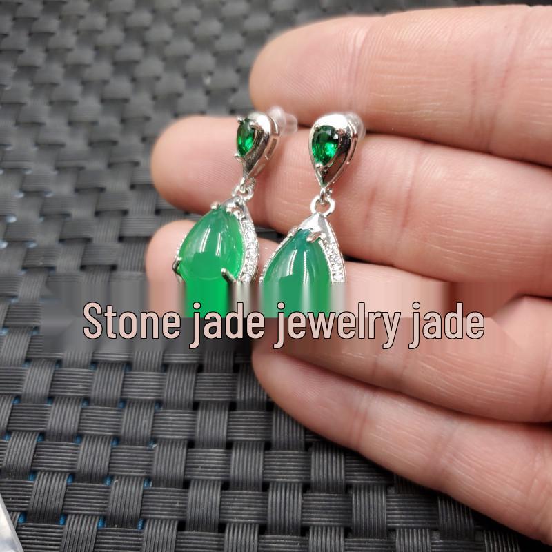 Ice Jade Green Chalcedony Water Drop Earrings with Agate and Diamond Inlay