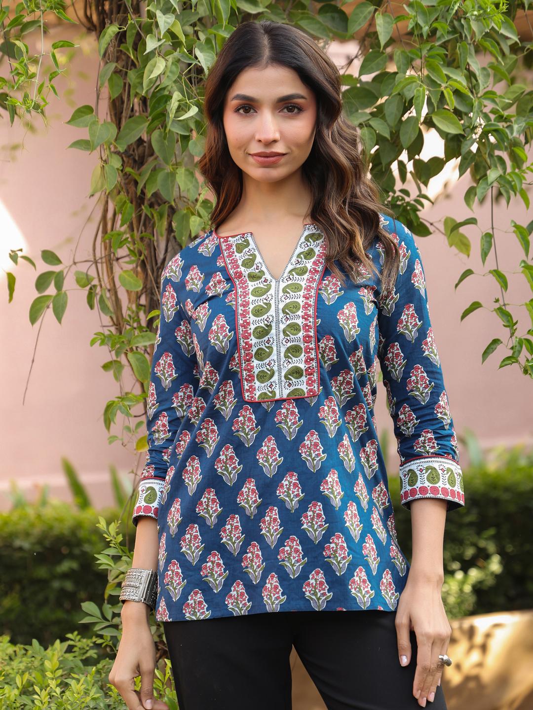 

Navy Blue Floral Printed Sequinned Pure Cotton Top S