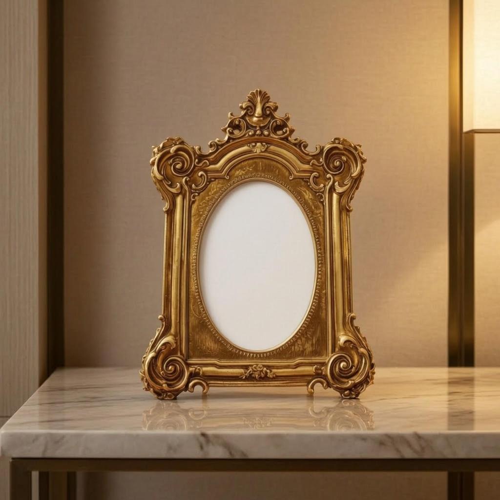 Porta-Retrato Oval Ornamentado de Mesa com Suporte Clássico para Lareira, Prateleira