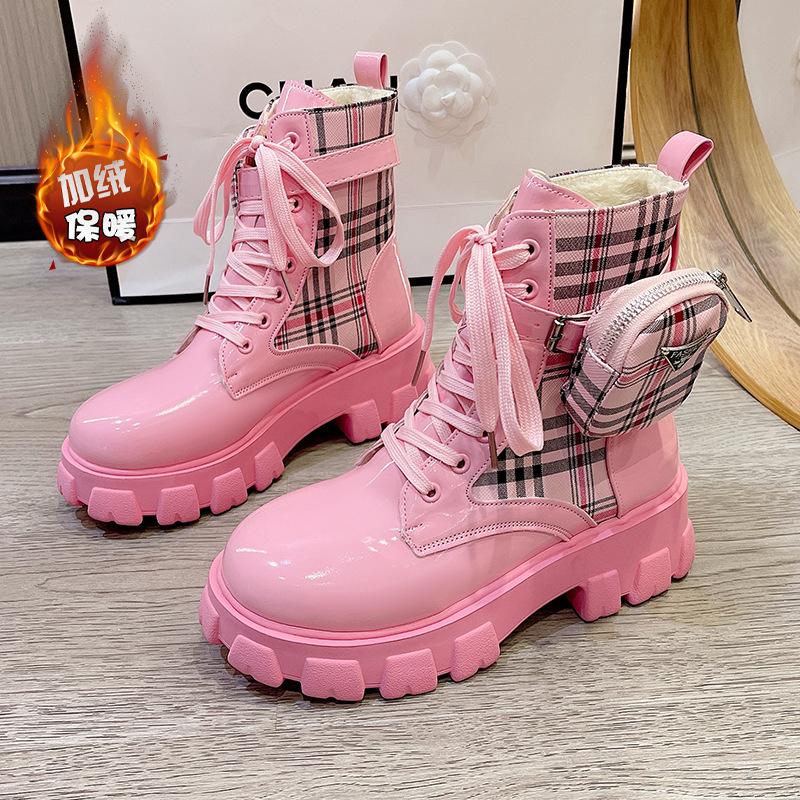 Trendy Pocket Bag Martin Boots Fleece Thick-Soled Round Head Short Fashion Boots