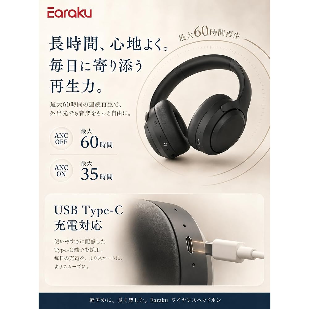 [Noise Reduction & Music Focus] Earaku Wireless Headphones Bluetooth 5.4 ANC Noise Cancelling / Up to 60 Hours Playback / Multipoint Support / Chargin