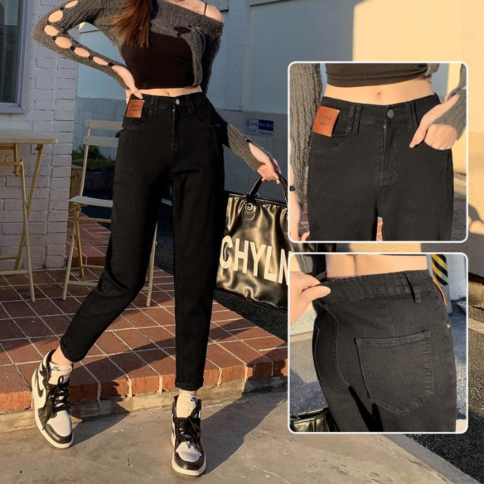 

Джинсы Dad с эластичной талией для женщин в осеннем стиле, эластичные повседневные шаровары большого размера для женщин в осенних брюках-карротах 5XL чёрный