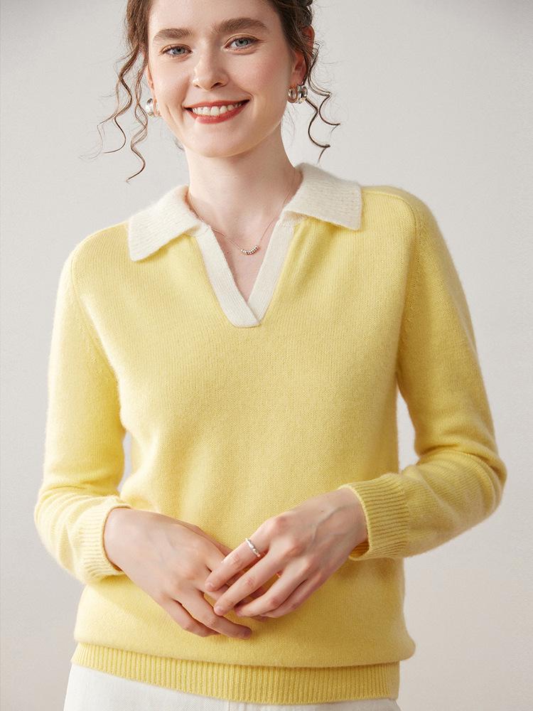 Patchwork Lapel Cashmere Sweater: Women's Slimming Knitwear Pullover