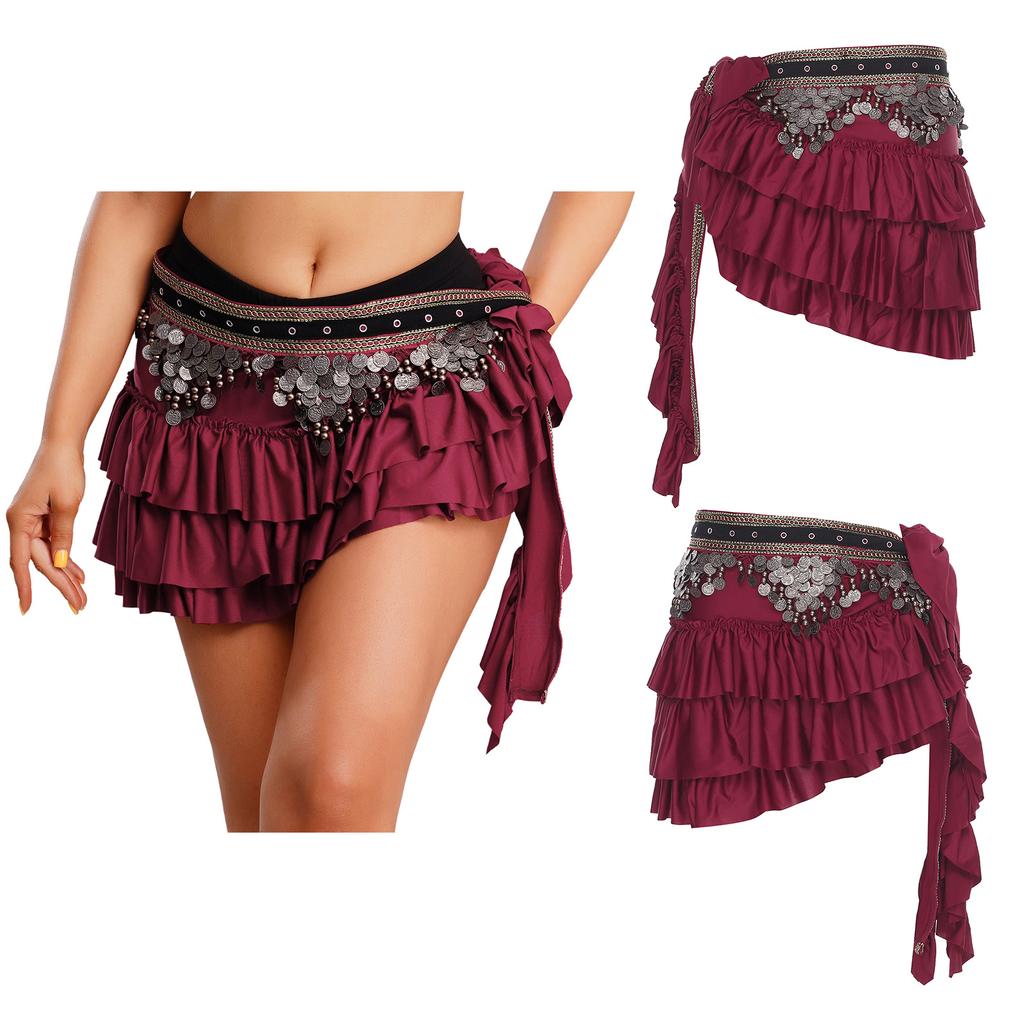 Falda de Cadera para Danza del Vientre para Mujer Cadena de Cintura Retro Lentejuelas en Niveles Volantes con Cordones Envoltura de Cadera para Danza de la India Rumba Danza Latina