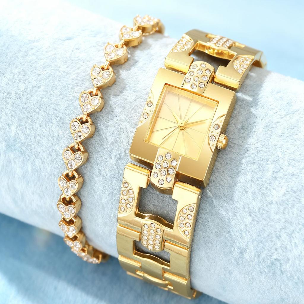 2pcs-Classic Retro Set Temperament Women's Bracelet Watch Square Bar Nail Women's Quartz Watch Bracelet Set