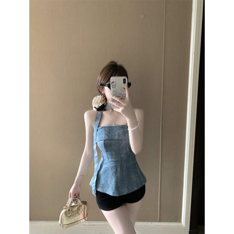 Kumikumi Retro Distressed Washed Hot Drilling Denim Tube Top Women clothes Summer Sexy Waist Hugging Slimming Versatile Vest