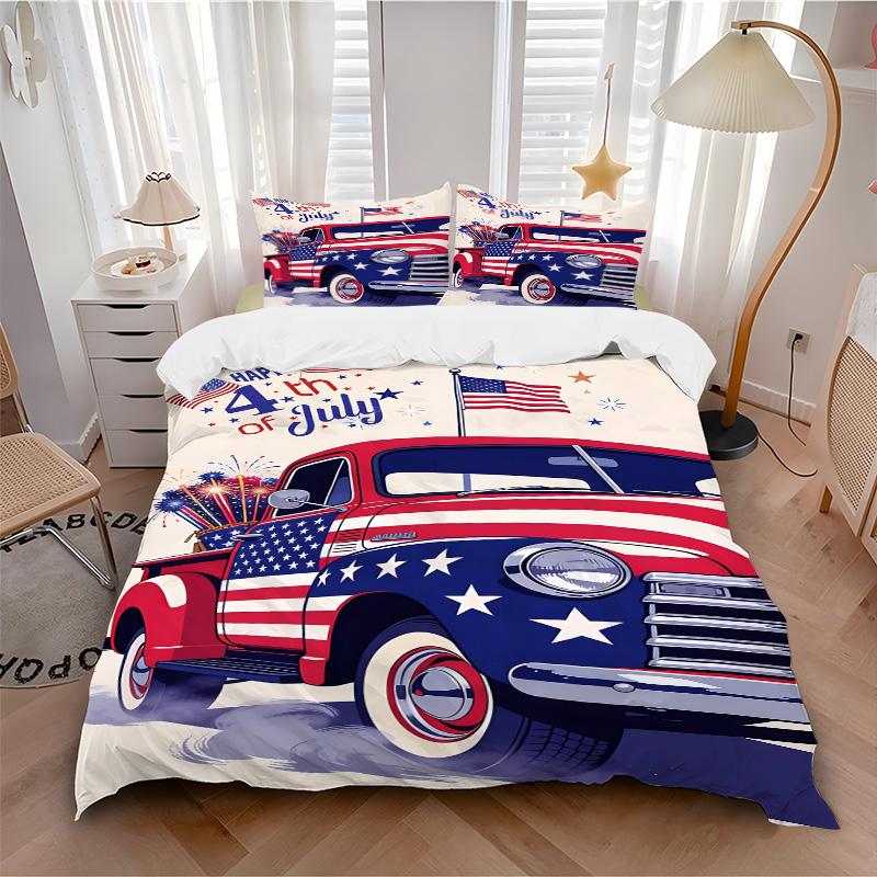 3pcs July Th Celebration Truck Bedding Set, Includes One Quilt Cover and Two Pillowcases, Bedroom and Guest Room Decoration. T72301151