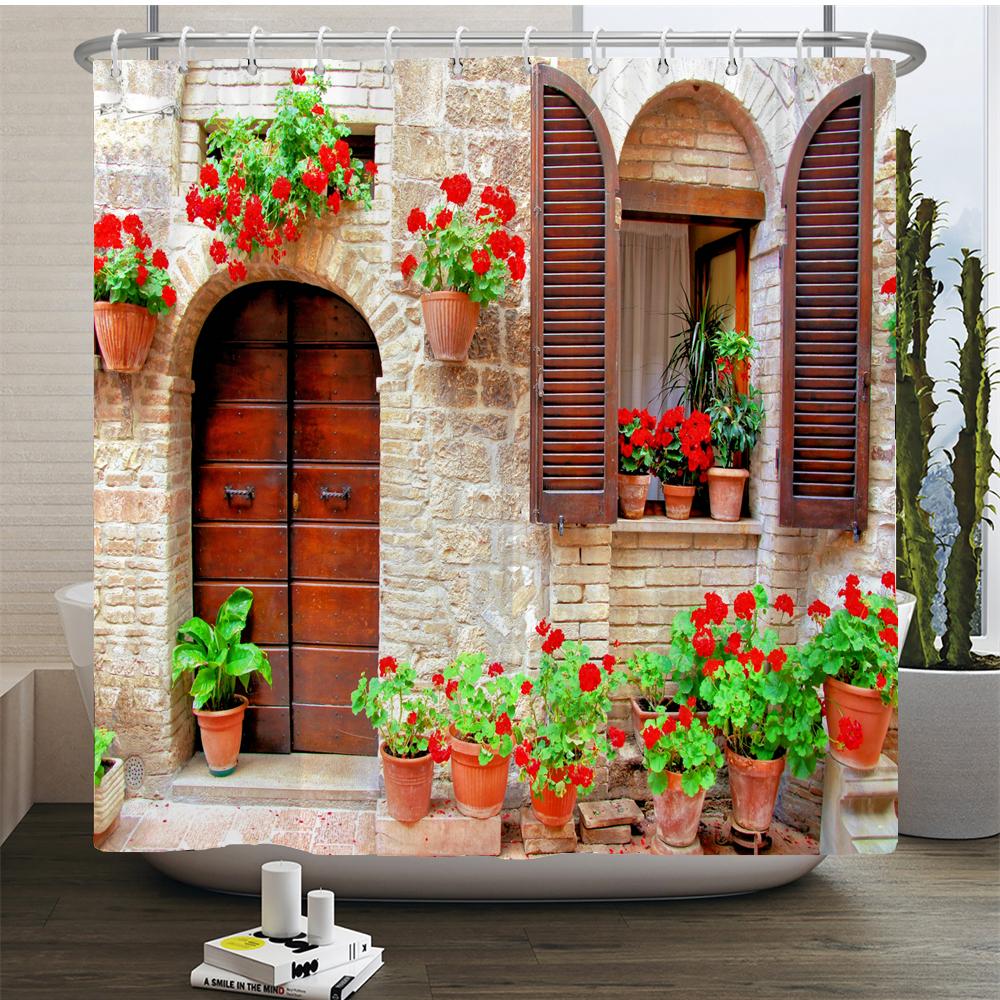 Rural Idyllic Flowers European Garden Shower Curtain Bathroom Waterproof 3d Printed Bath Curtains With 12 Hooks Polyester Cloth
