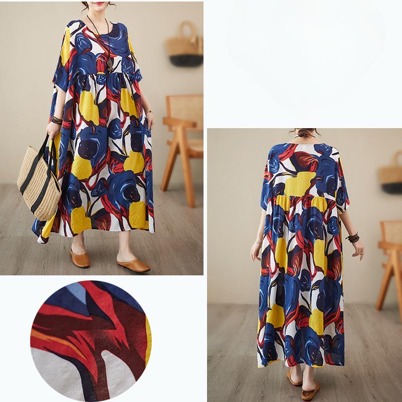 Simple Literary Rustic Style Small Fresh Summer New Loose Thin Abstract Print Short-sleeved Dress Female