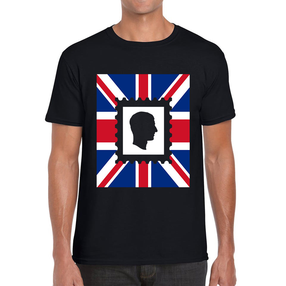 

King Charles III Stamp United Kingdom Flag King Of England Royal Crown His Majesty Union Jack Mens Tee Top 3XL