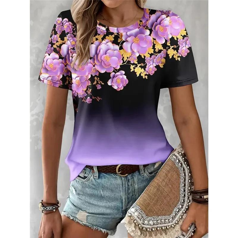 Summer Women's T-shirt Flower Casual Holiday 3D Printing Color Gradient Short Sleeved T-shirt Fashionable Round Neck Women's T-shirt