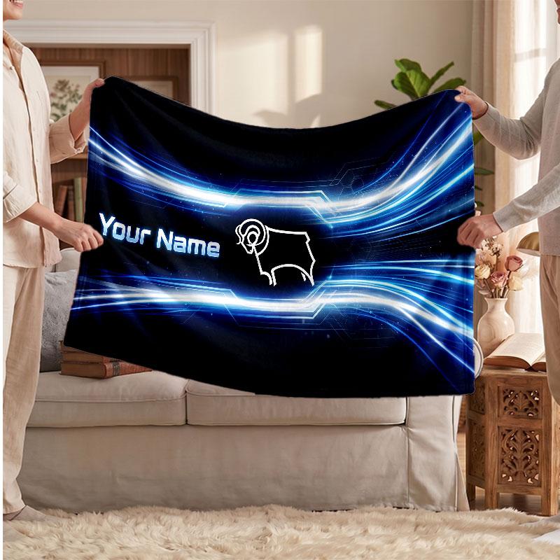Derby County Personalized Fleece Blanket With Football Logo, Custom Name Text Soft Warm Home Throw Blanket