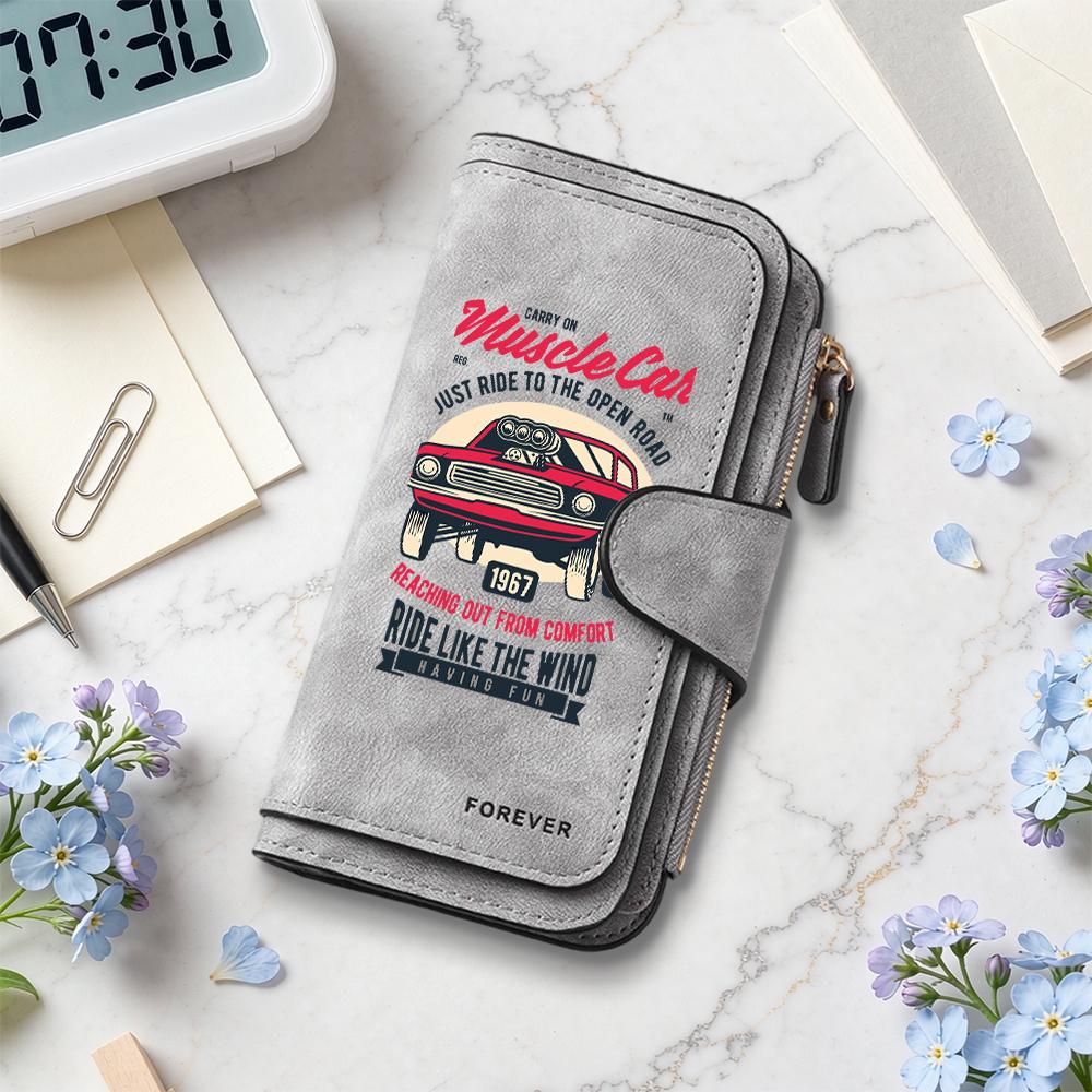 Retro Muscle Car Print Long Wallet Multi Slot Durable Casual Daily Purse