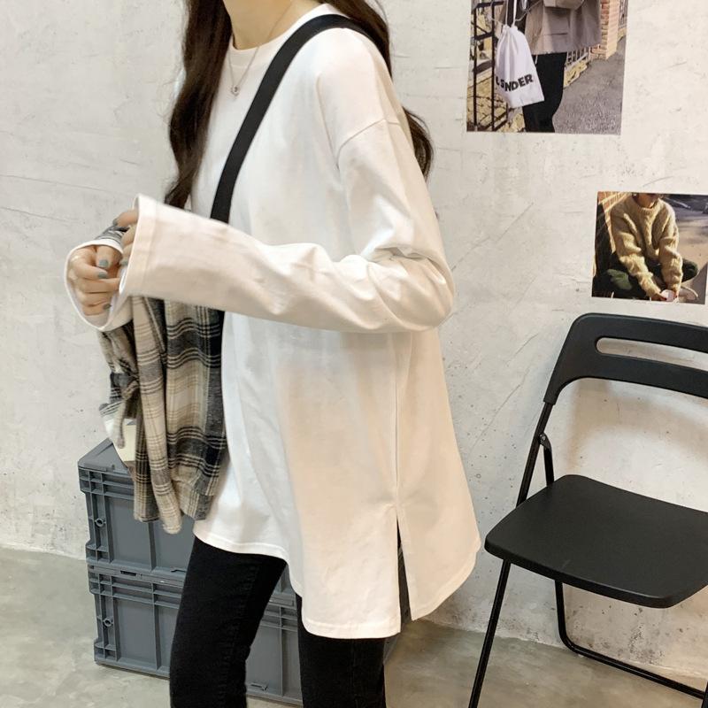 Weißes langärmeliges T-Shirt für Damen, lockeres Sweatshirt zum Unterziehen, mittellanges Samttop, Unterhemd für Frühling und Herbst