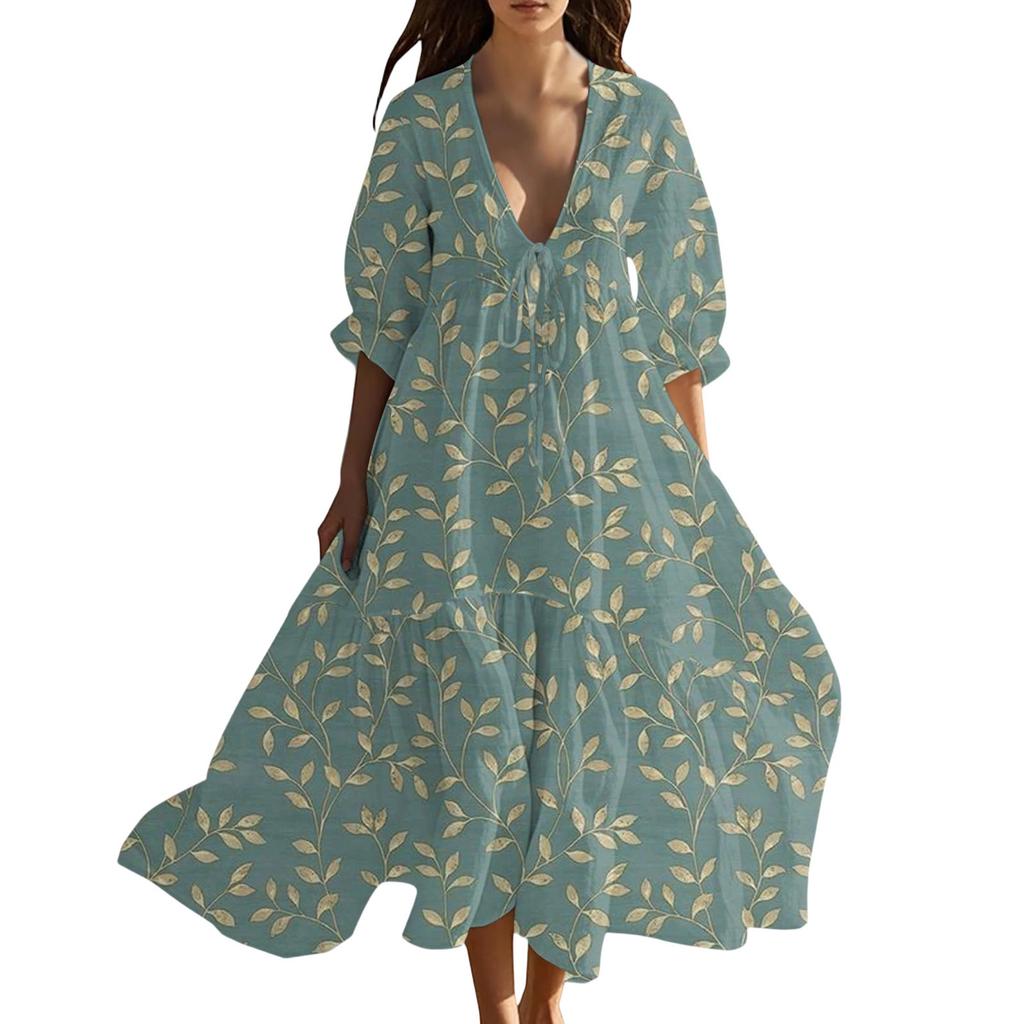 Women's Summer Fashion V-Neck Beach Long Dress Vintage Floral Printed Lace-Up Splicing Dresses