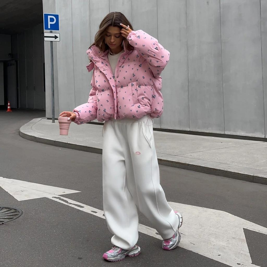 Brot Kleidung Kleines Blumendesign Kordelzug Kapuze Abnehmbare Baumwollgepolsterte Kleidung High-End Mode Vielseitige Jacke Damen