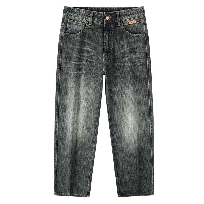 New Retro Washing American High Street Bark Wrinkle Design Loose Straight Jeans