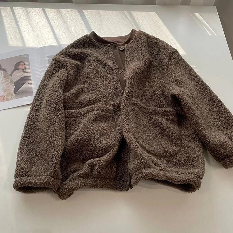 Women's Autumn/Winter Lamb Wool Cardigan Sweatshirt Student Solid Color Thick Fleece-Lined Jacket
