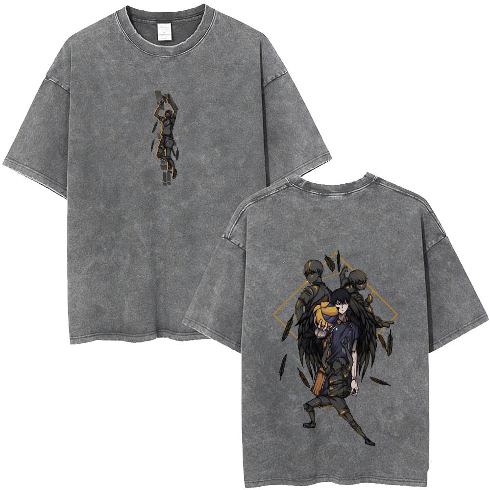 Gewaschenes Vintage Anime Haikyuu KARASUNO Merch T-Shirt Herren Cartoon Manga Oversized T-Shirt Herren Sommer Lässige Kurzarm-T-Shirts