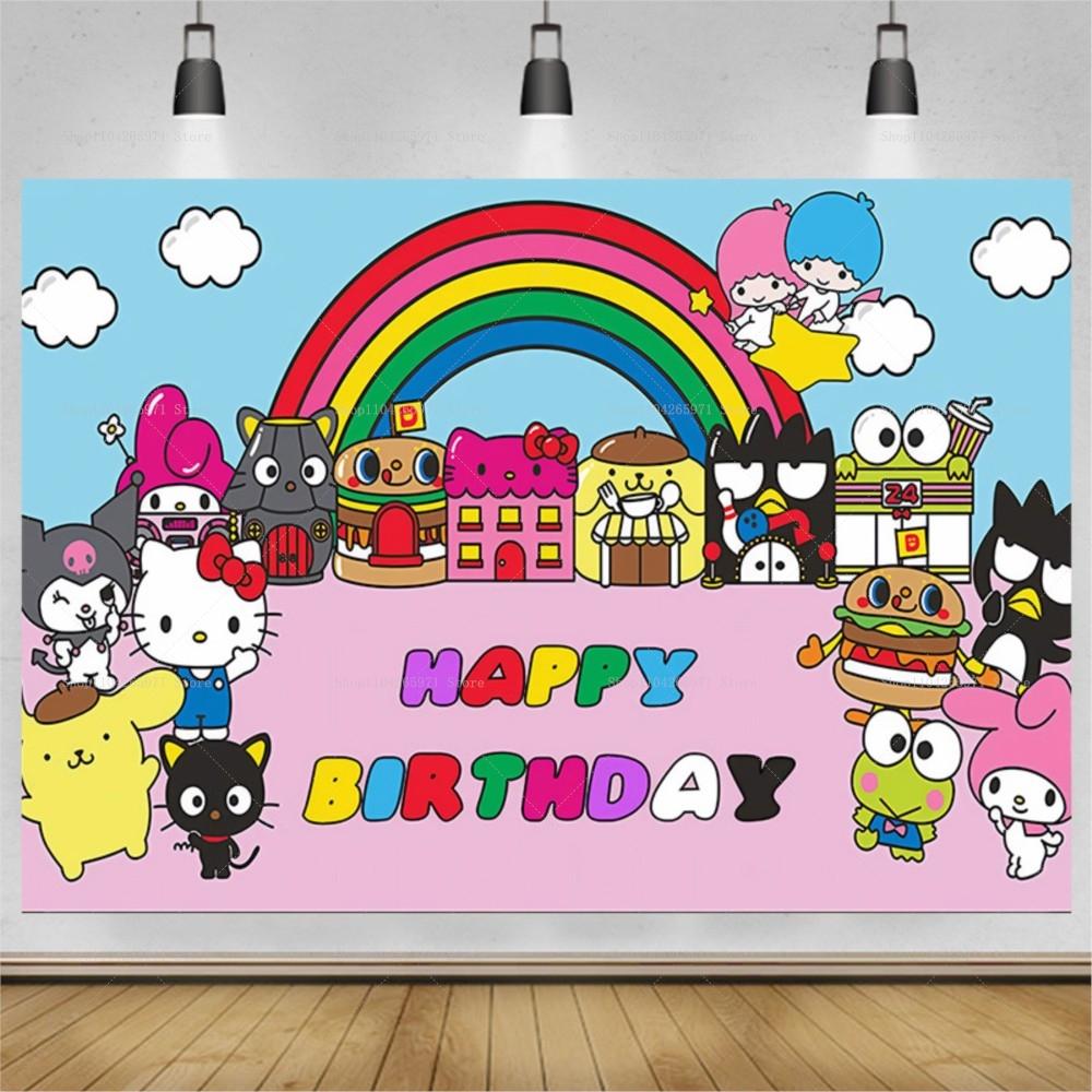 Hello Kitty Happy Birthday Backdrop Cute Pink Cartoon Theme Kids Girls Baby Shower Party Photo Background Banner Decor Supplies