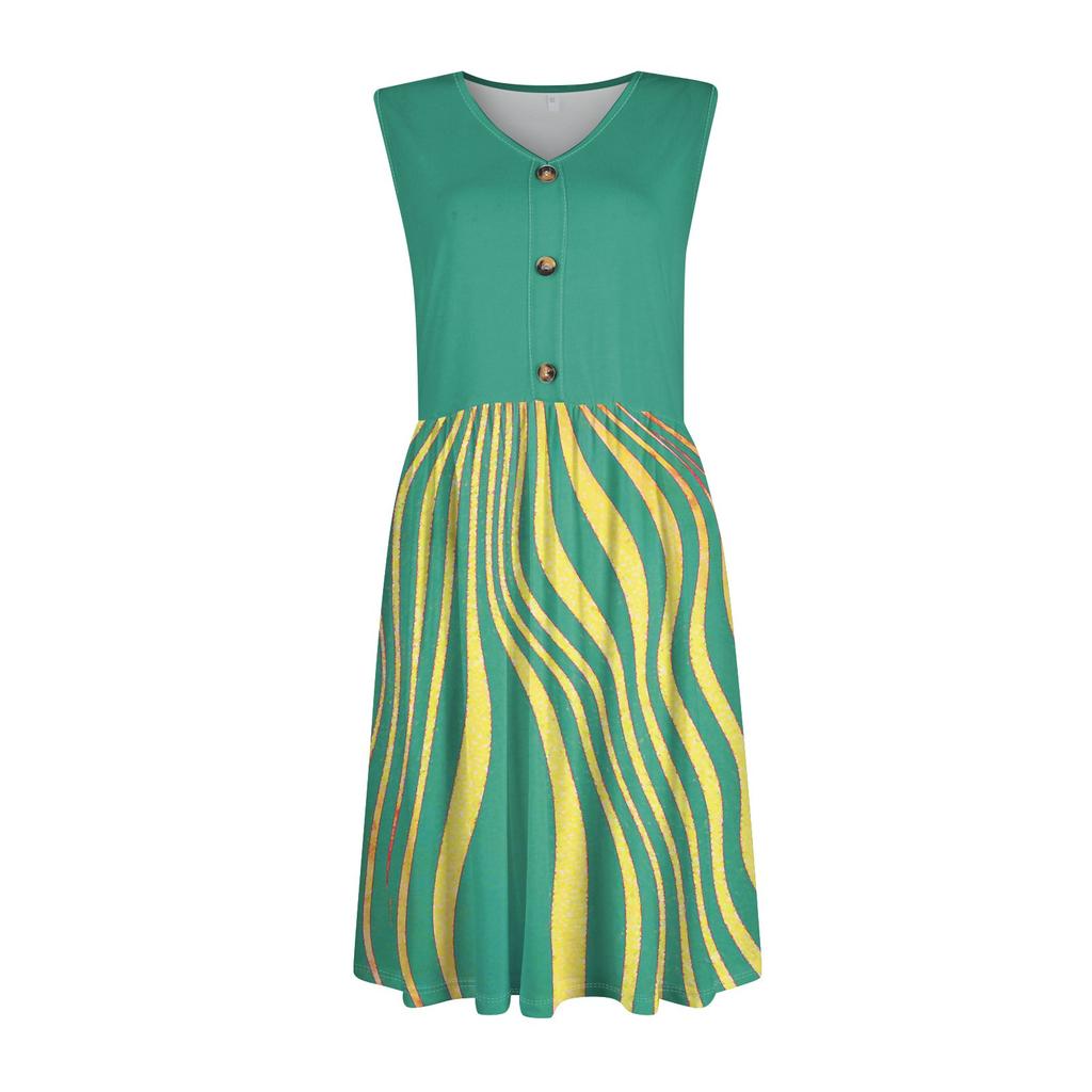 Women's Sleeveless Casual Vacation Loose Swing Geometric Button Midi Dress With Pockets