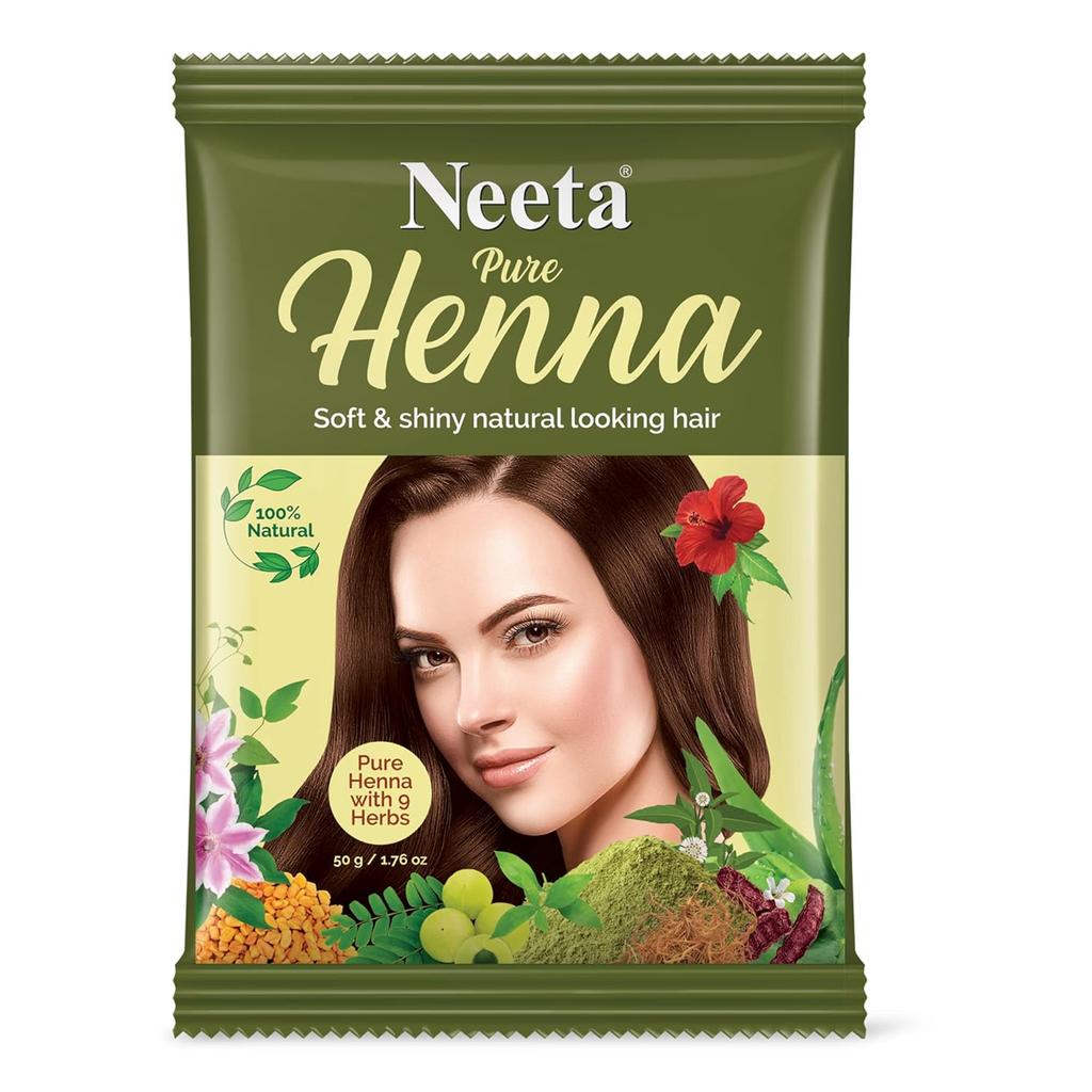 Neeta Pure Henna Powder for Hair with 9 Natural Herbs 50g X Pack of 6 Soft Shiny Natural Hair Color