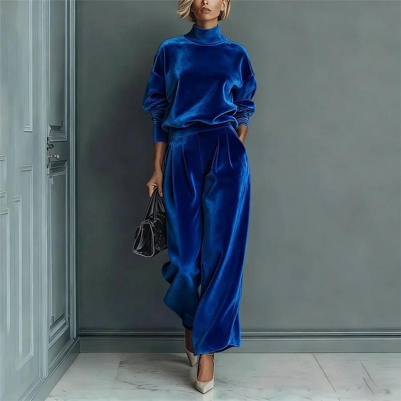 Velvet Matching 2 Piece Set Women Turtleneck Long Sleeve Top And Wide Leg Trousers