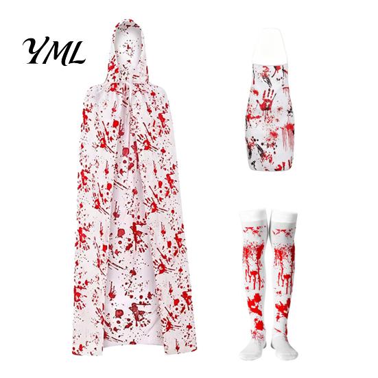 Scary Halloween Costume for Women Blood Print Women, Apron, Hooded Detailed Palm Outfit Cloak, Stockings Outfits Cosplay Parties, Haunted House Events