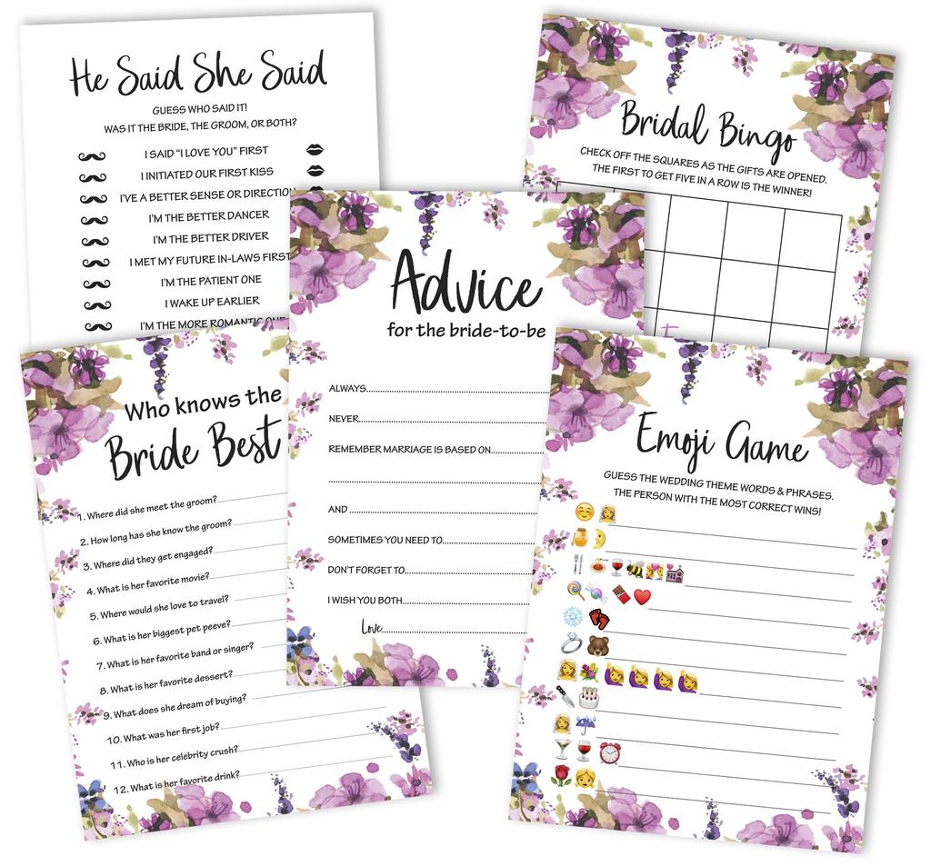 Inkdotpot Bridal Shower Games Set of 5 (Activities for 50 Guests) Floral Theme Fun Bachelorette Party Games Set Bundle