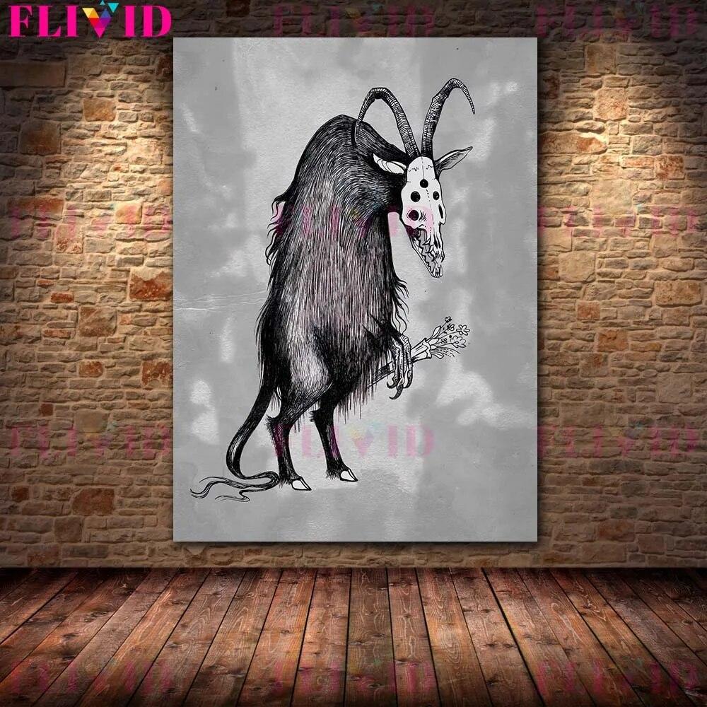 Bloodthirsty Lamb And Snake,Owl Vintage Terrible Animal Wall Art Canvas Painting Owl And Goat Man Abstract Poster Print Decor No Frame