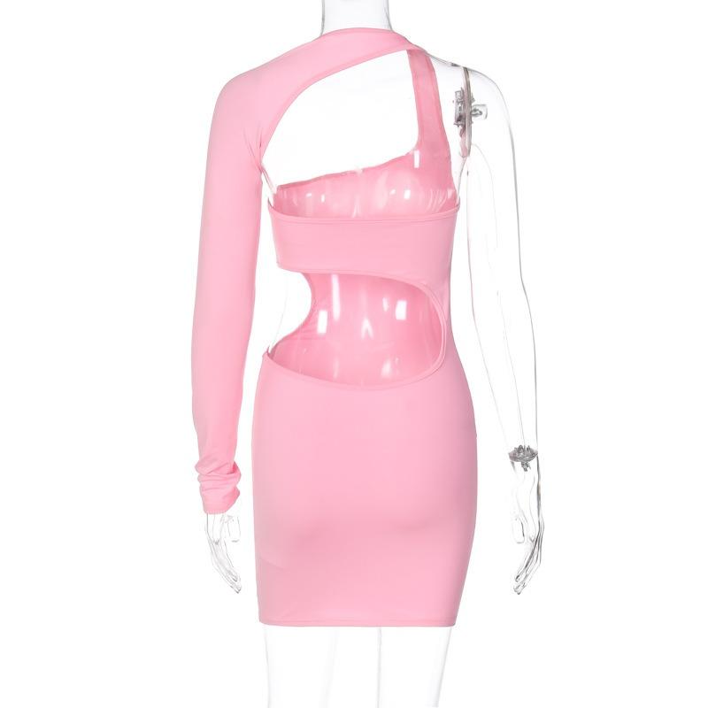 Damen Einfarbiges Einseitiges Langarmkleid Sommer Sexy Slim Unregelmäßiges Bag Hüftkleid