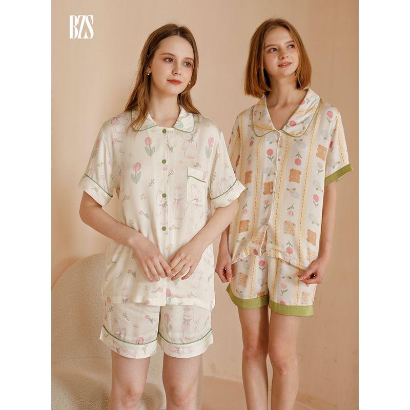 2024 Cute Cartoon Women's Pajamas Rayon Satin Short Sleeve Pants Soft Comfortable Can Be Outerwear Homewear Suit