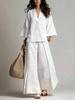 2026 Spring/Summer Cotton Linen Set: French V-neck 3/4 Sleeve Shirt & Color Block Wide-leg Pants