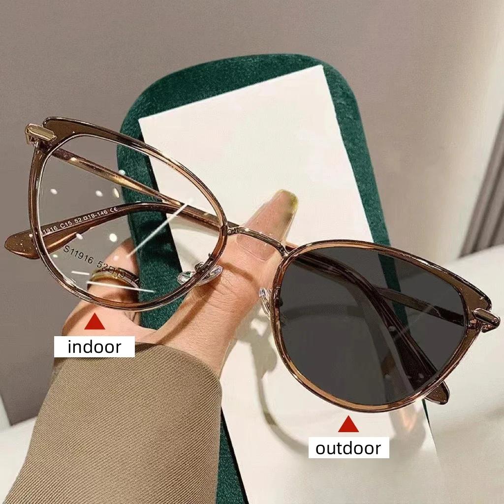 Intelligent Photochromic Lens Design Anti-UV Sunglasses Women Men Luxurious Color Changing Cat Eye Frame Finished Prescription Minus Eyeglasses