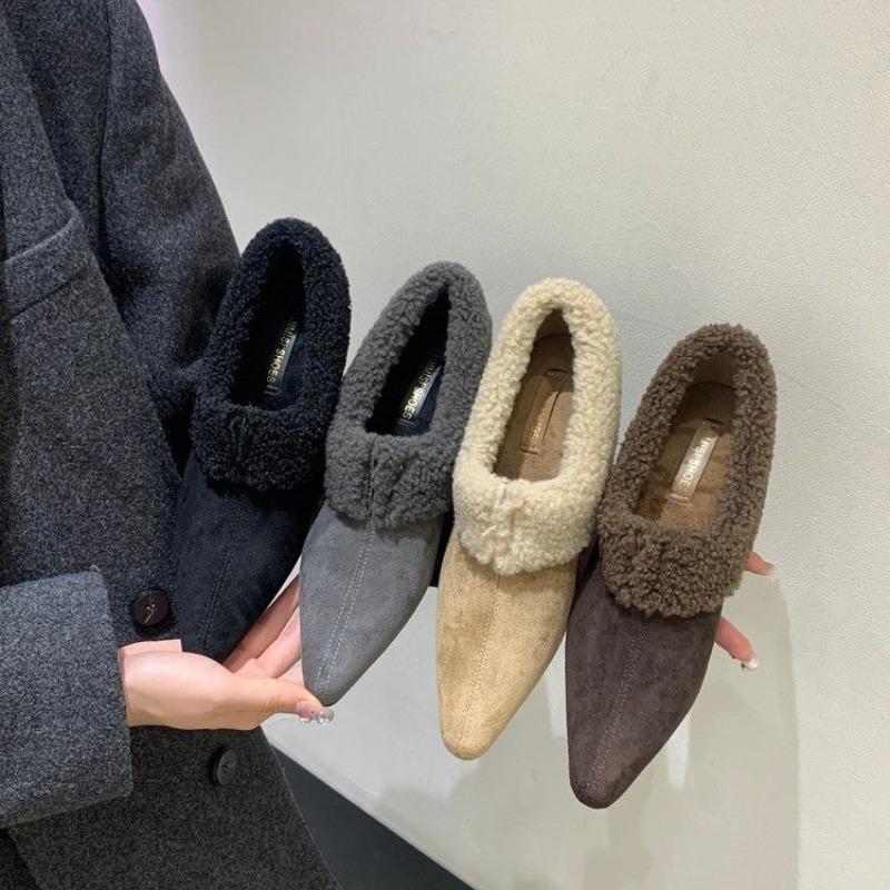 Autumn and Winter New Versatile Single Shoes Velvet Warm Cotton Shoes Heightened Gray Pointed Retro Fluffy Shoes Short Boots