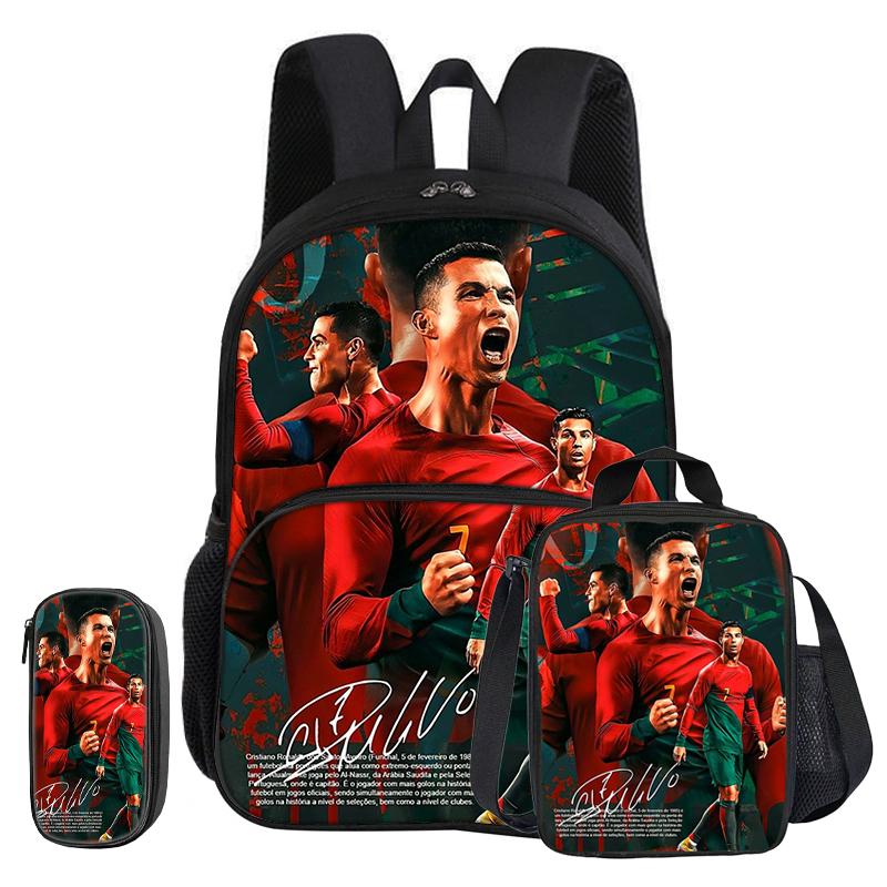 Ronaldo 3 Pcs Set with Front Pocket Backpack Football Sport with Thermal Insulated Lunch Tote Purse CR Football Star Pencil Case