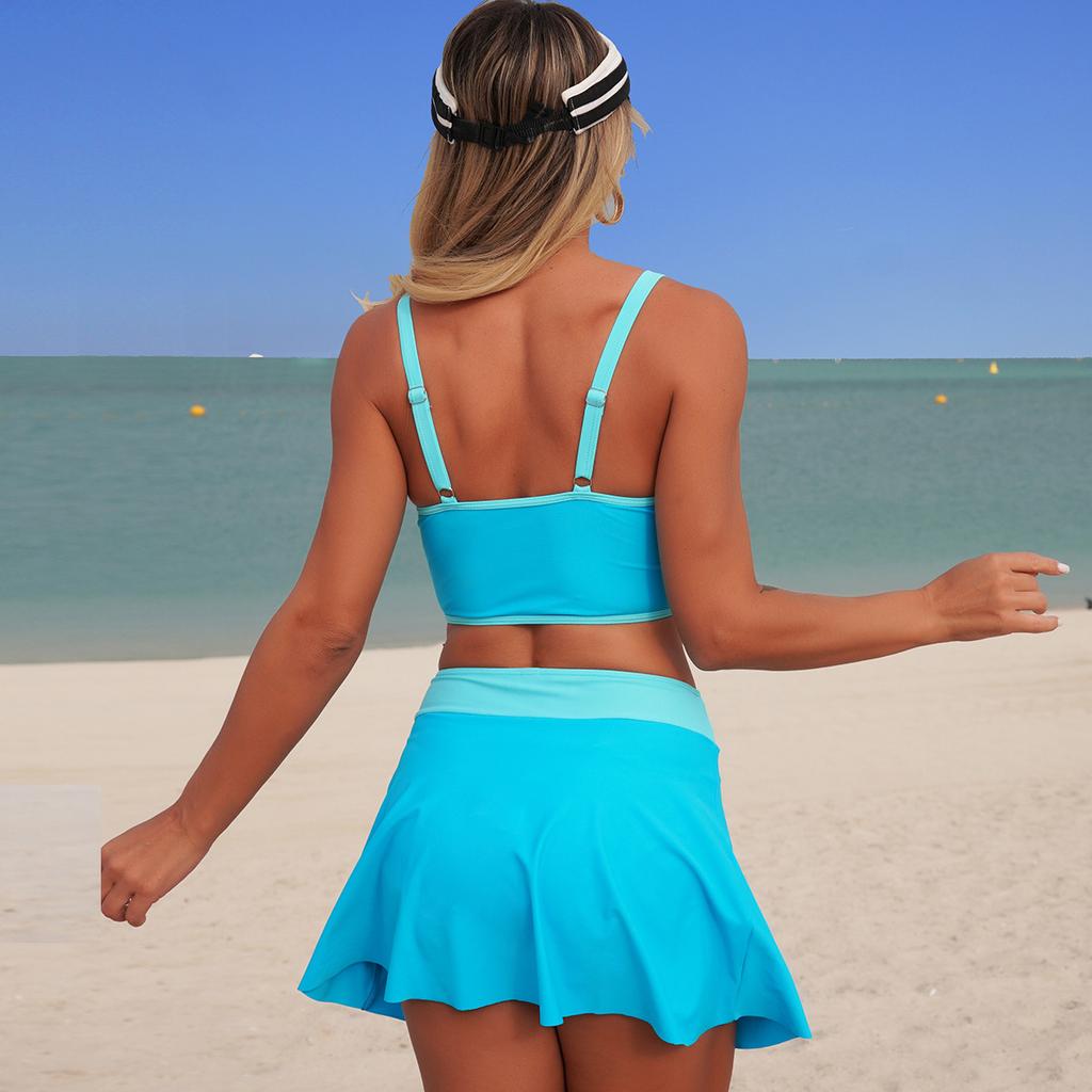 Damen-Badeanzug Unifarben Kordelzug Sport Schlitze Rock Sexy Bikini Anzug Strandbekleidung Mehrfarbig