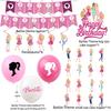 Barbie Doll Themed Purple Birthday Party Decoration Set With Cartoon Flags, Latex Balloons, And Cake Toppers