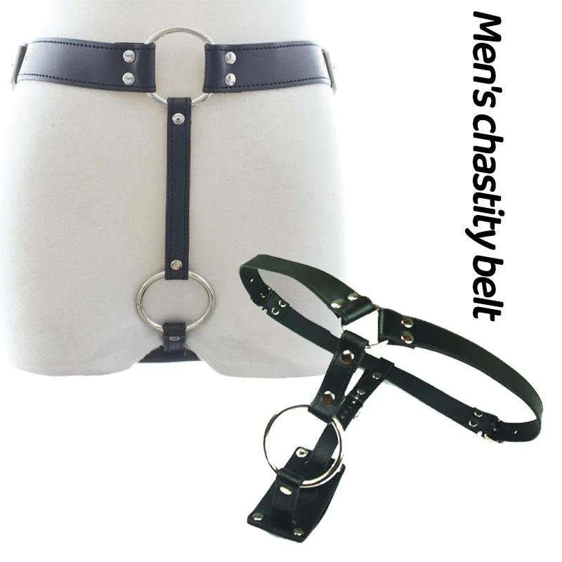Chastity restraint Harness Adjustable Dual Pleasure PU Leather Male Chastity Belt Thong Panties Bondage Sex Toy for Men