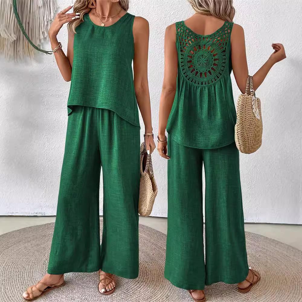 Solid Color Casual Loose Pants Sets For Women Elegant Summer Women's Two Pieces Suit Full Trouser Set Female Outfit Clothes