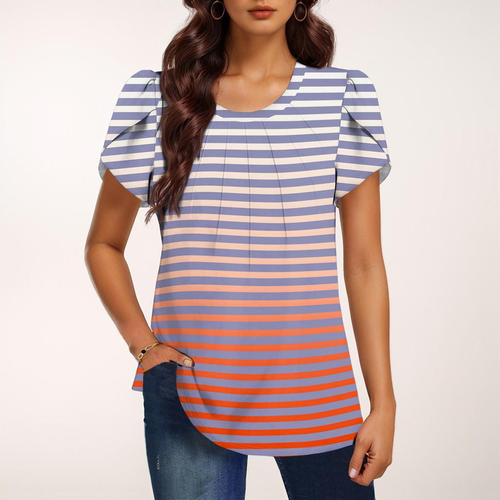 Women's Fashionable Round Neck Short Sleeve Print Casual Basic Pleated Pullover T-shirt Top