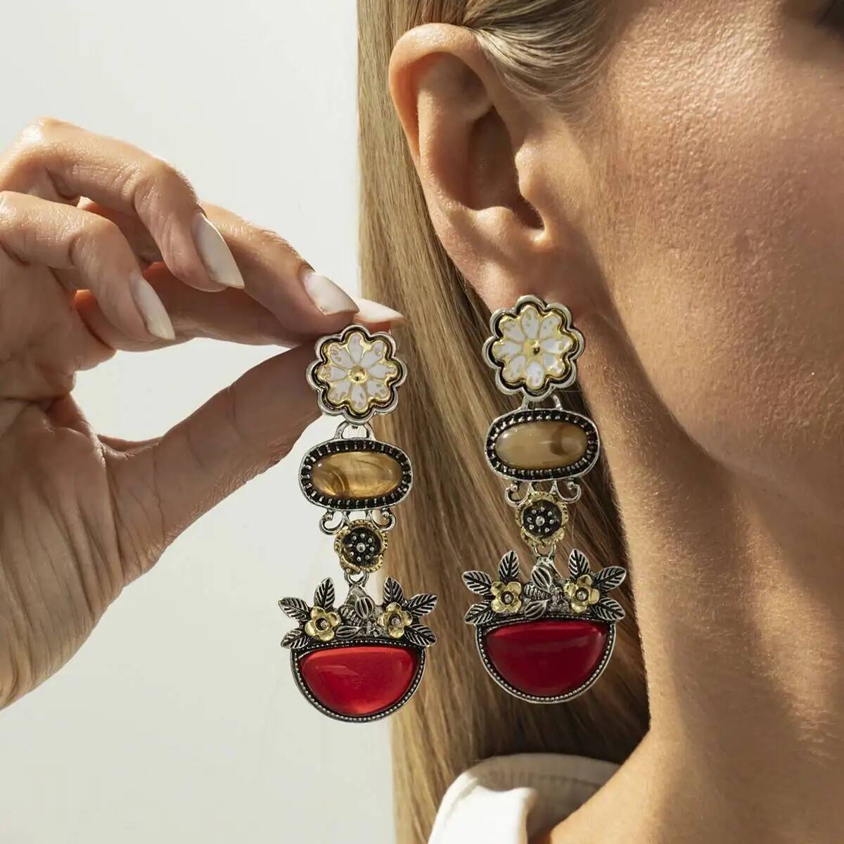 

SHIXIN Vintage Resin Acrylic Flower Drop Earrings for Women Creative Red Flower Pot Pendant Earrings Party Jewelry Accessories