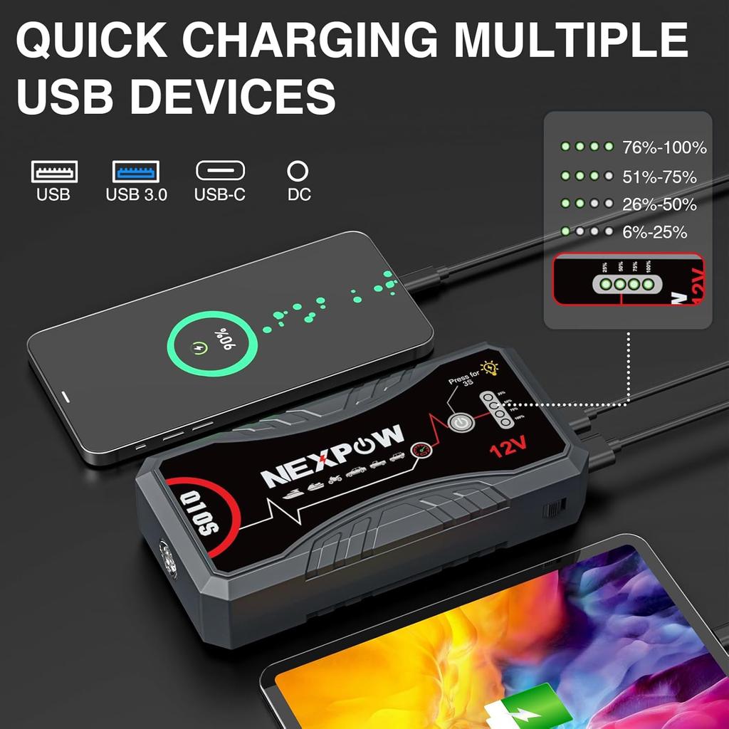 Car Jump Starter 2025, 3000A Peak, 12V Portable Lithium Jump Box with USB QC3.0 for Gas & Diesel Engines Up to 9.0L
