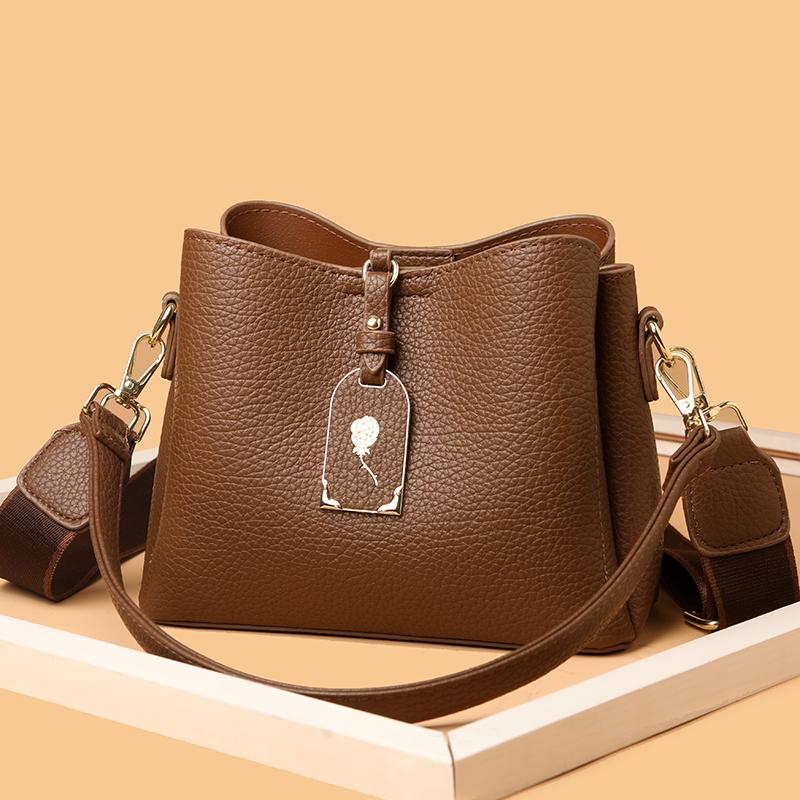 New Luxury Casual Shoulder Bag Women‘s PU Leather Crossbody Purse Large Capacity Small Bucket Tote Fashi Solid Color Handbag